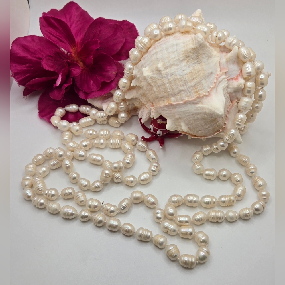 🐚 Genuine Baroque Pearl Necklace Cream Color 62" Opera Length Beautiful!